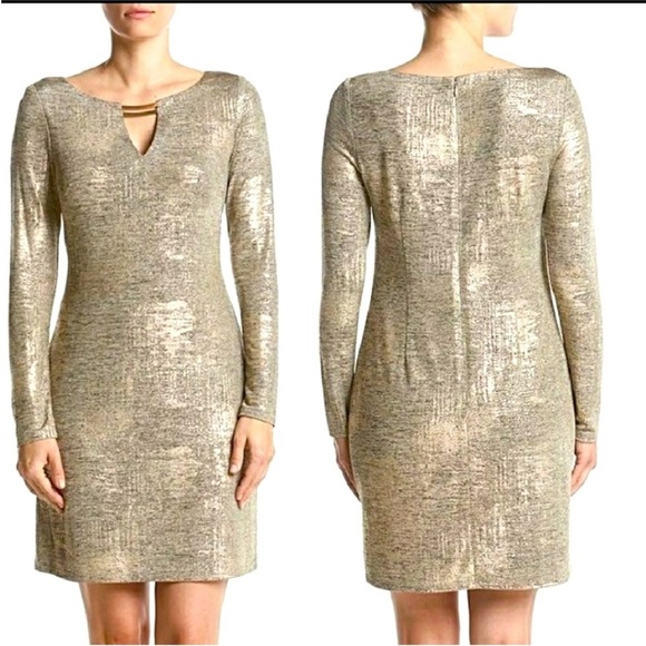 Vince Camuto Gold Metallic Shimmer Long Sleeve Dress Size 6 - Picture 14 of 16